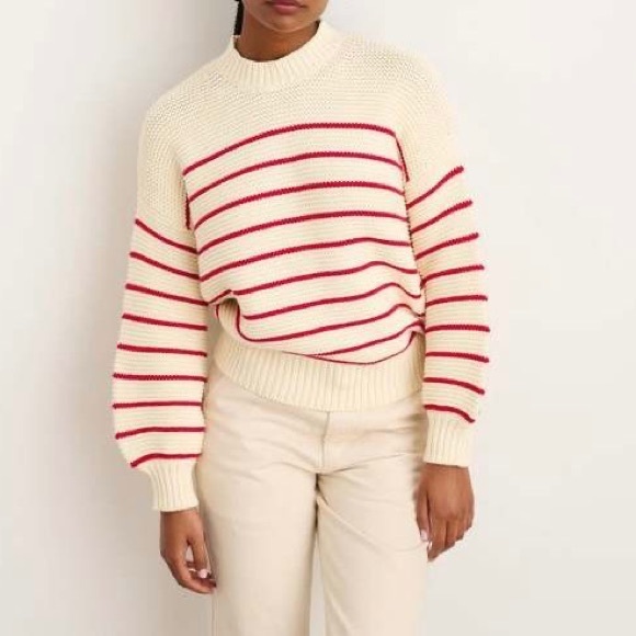 Alex Mill Button Back Crew Neck Neck Sweater Ivory Red Stripe sz XL - Picture 2 of 7